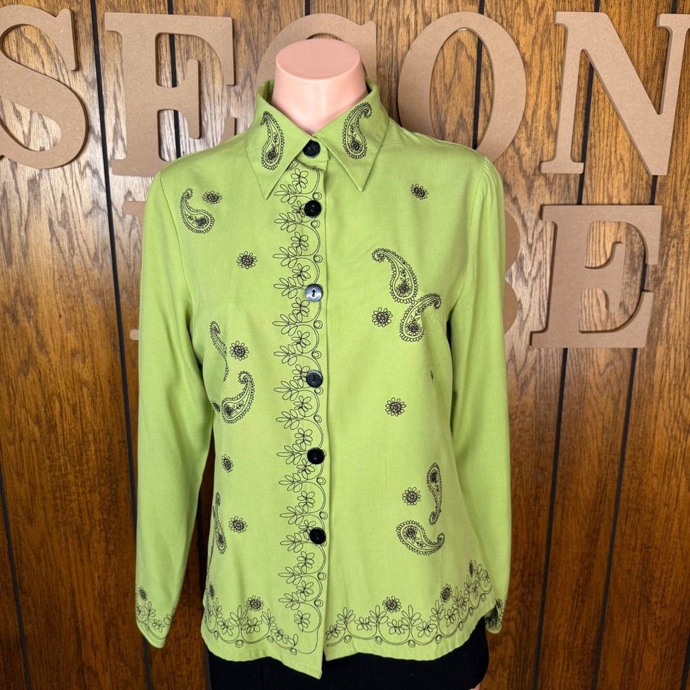 Silkland Button Up Shirt Womens PM Green Embroidered Paisley Western Boho Retro
